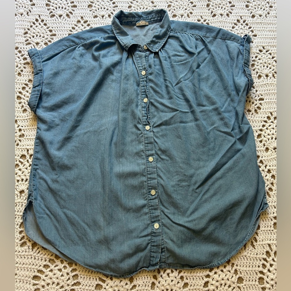 ANA A New Approach  Blouse Collared Denim Button Down Short Sleeved Blue Jean XL